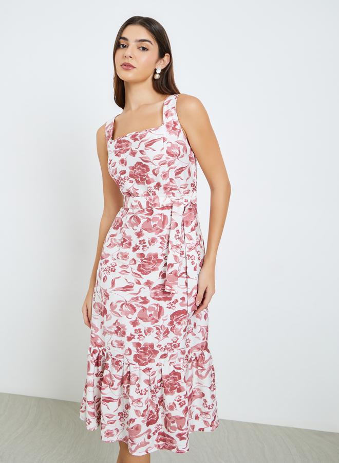 Women Red Floral Strappy A-Line Midi Dress